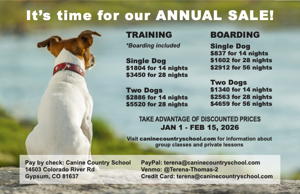 Canine Country School Annual Sale (Jan 1 – Feb 15, 2026): discounted training and boarding prices